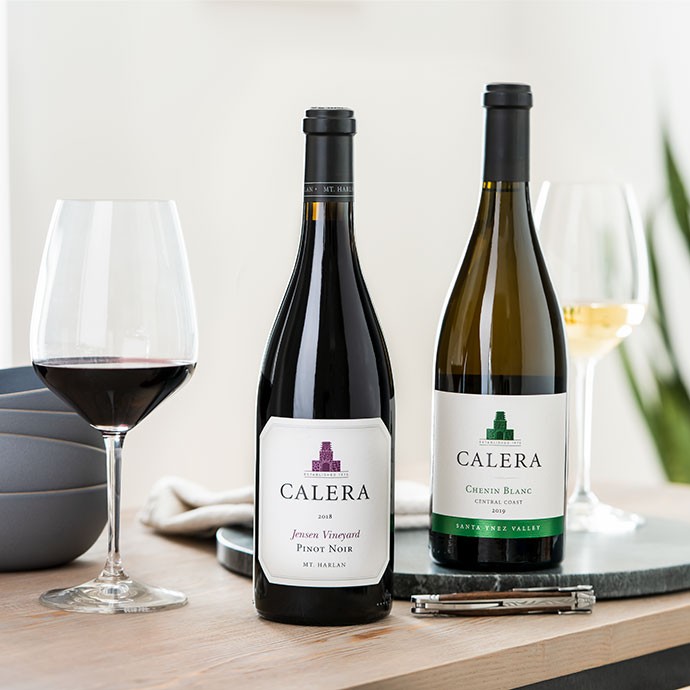 Calera Jensen Pinot Noir and Chenin Blanc on a table