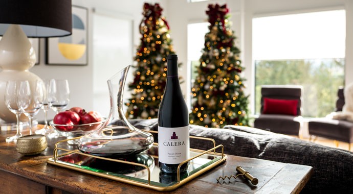 Calera Pinot Noir in a Christmas decorated living room