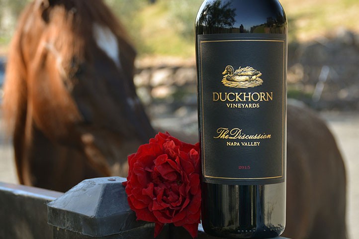 Bottle of Discussion in front of a horse