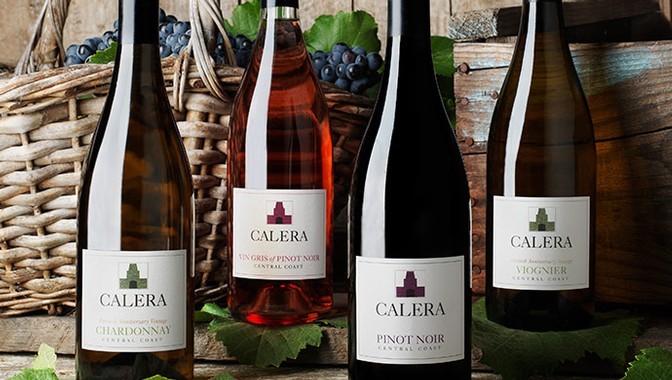 Four Calera Central Coast wines and grape leaves