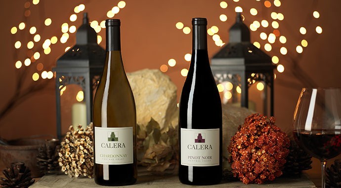 Two bottles of Calera with Fall themed background